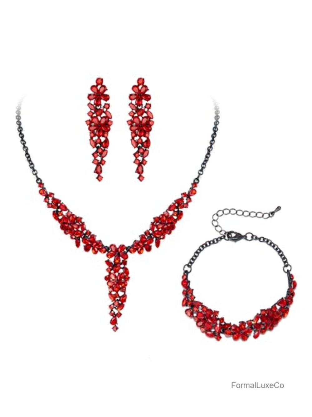Art Deco Prom Jewelry Set with Sparkle Crystal Necklace Bracelet Earrings
